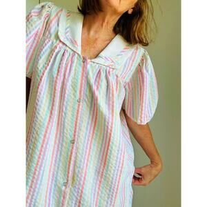 Vintage Womens Housedress Pastel Striped Size Large Collared Poolside Loungwear